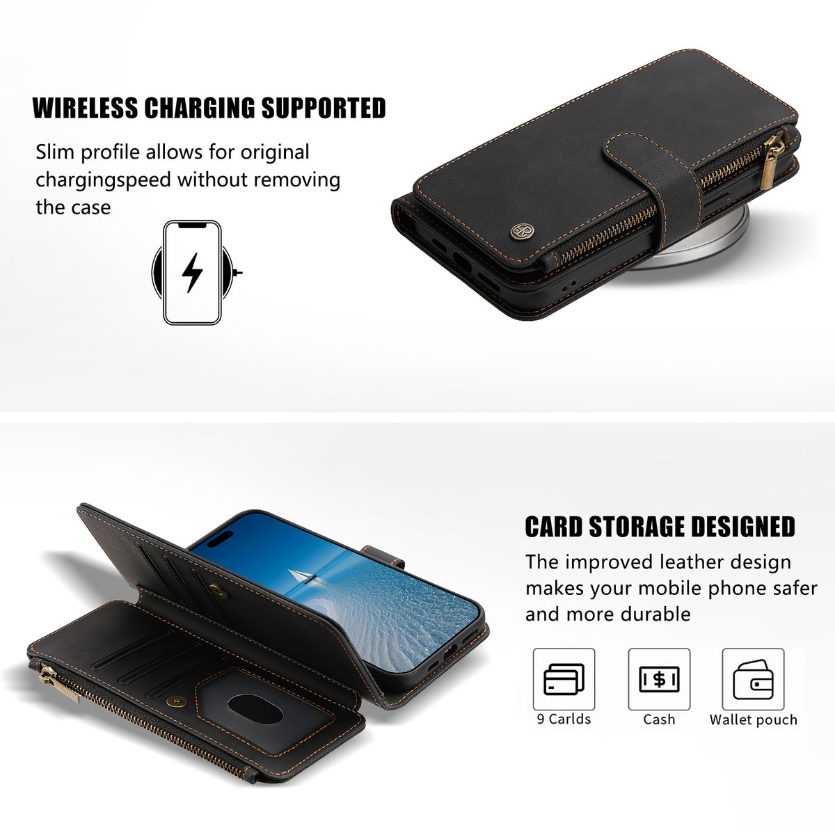 Samsung Galaxy A36 5G / Galaxy A56 5G / Galaxy A37 5G lædercover med 9 kortlommer, lynlås, tegnebogsfunktion og håndledsrem