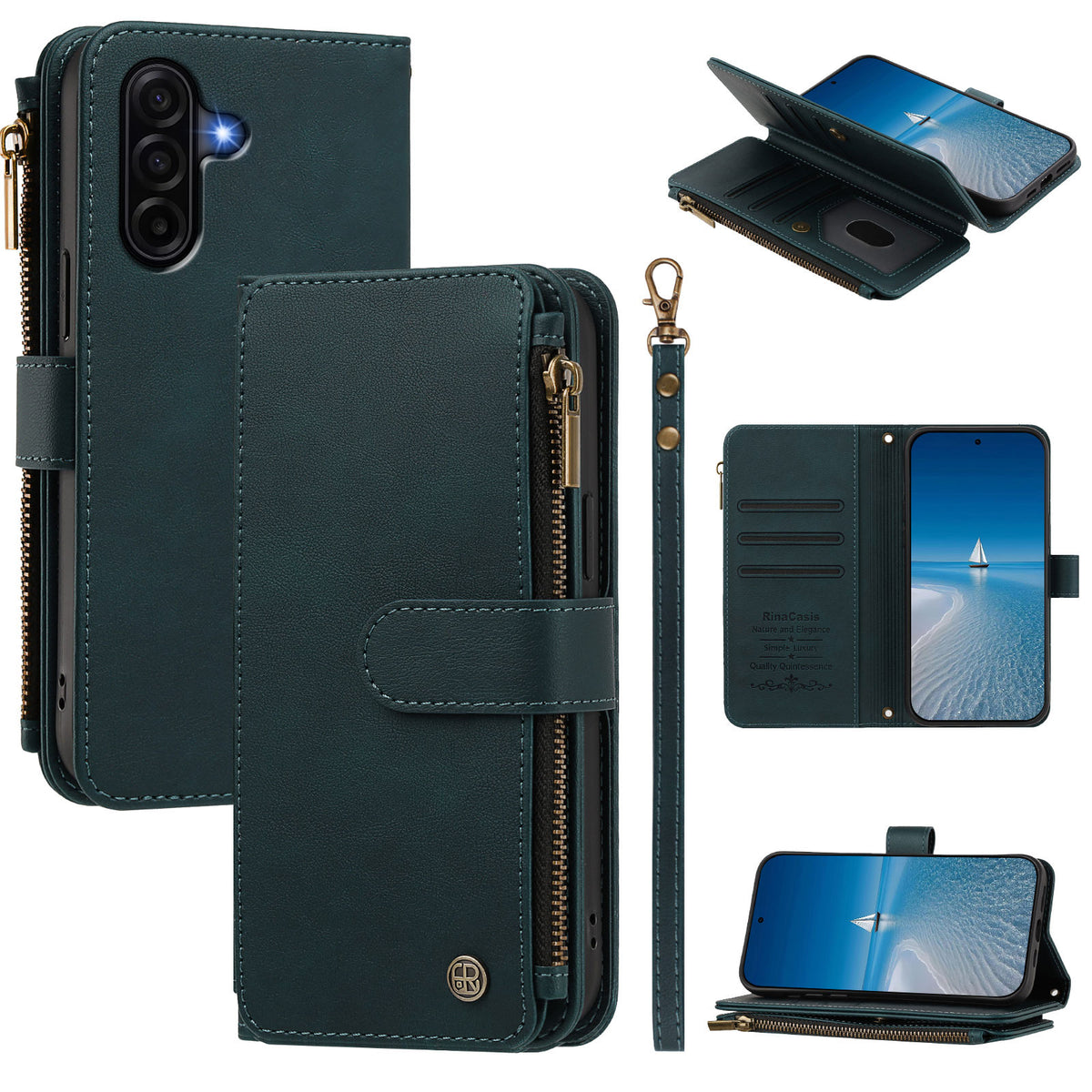 Samsung Galaxy A36 5G / Galaxy A56 5G / Galaxy A37 5G lædercover med 9 kortlommer, lynlås, tegnebogsfunktion og håndledsrem
