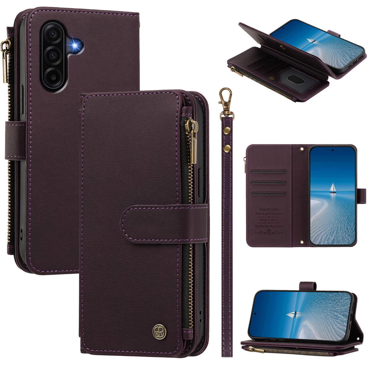 Samsung Galaxy A36 5G / Galaxy A56 5G / Galaxy A37 5G lædercover med 9 kortlommer, lynlås, tegnebogsfunktion og håndledsrem