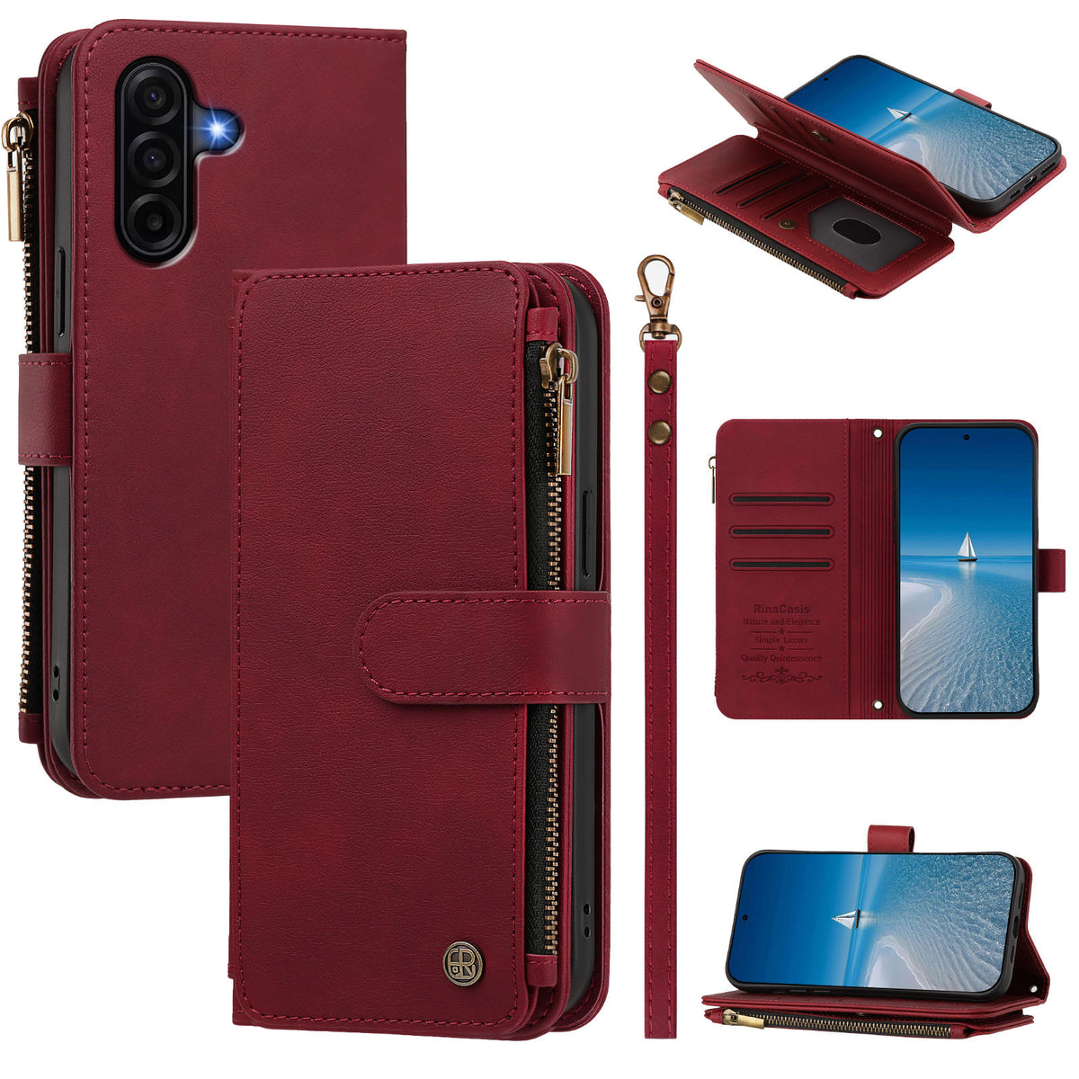 Samsung Galaxy A36 5G / Galaxy A56 5G / Galaxy A37 5G lædercover med 9 kortlommer, lynlås, tegnebogsfunktion og håndledsrem