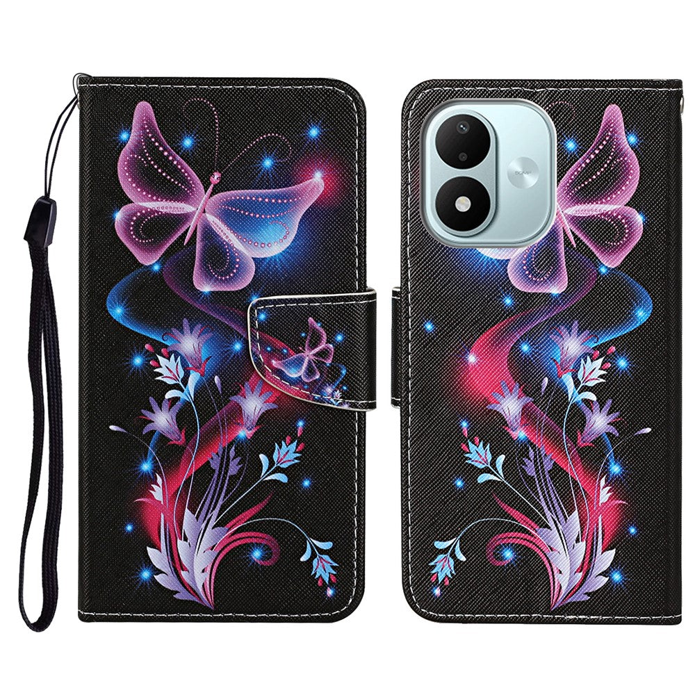 Skyddsfodral för Xiaomi Redmi Note 17 4G (Global) / Note 17 5G (Global) / Note 17 (Indien/Kina) 5G, mönstertryckt läderfodral för mobil med handledsrem