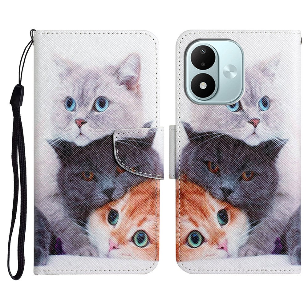 Protective Case for Xiaomi Redmi Note 17 4G (Global) / Note 17 5G (Global) / Note 17 (India / China) 5G , Pattern Printing Leather Folio Phone Cover with Wrist Strap