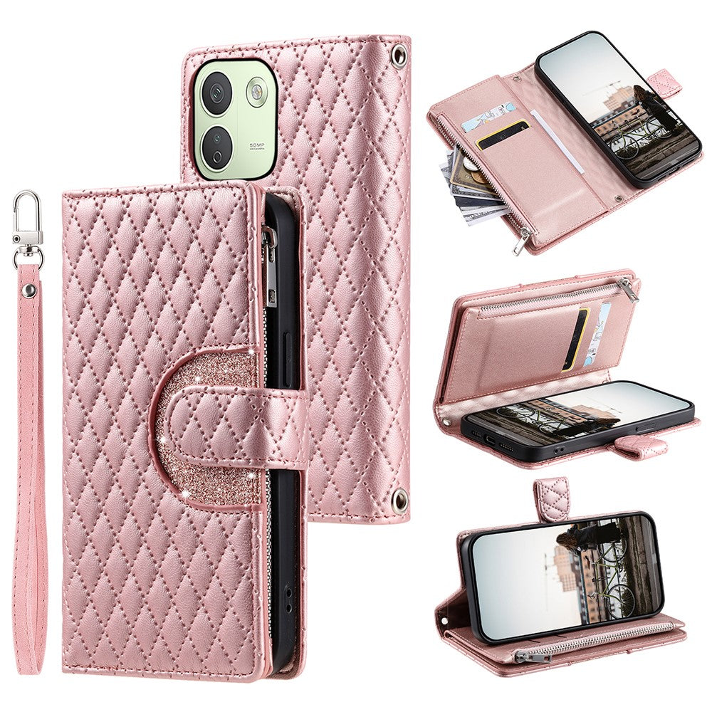 Mobilcover til Xiaomi Redmi Note 17 Pro Max 5G / 17 Pro 5G med lynlåslomme, glitter, lædercover og håndledsrem