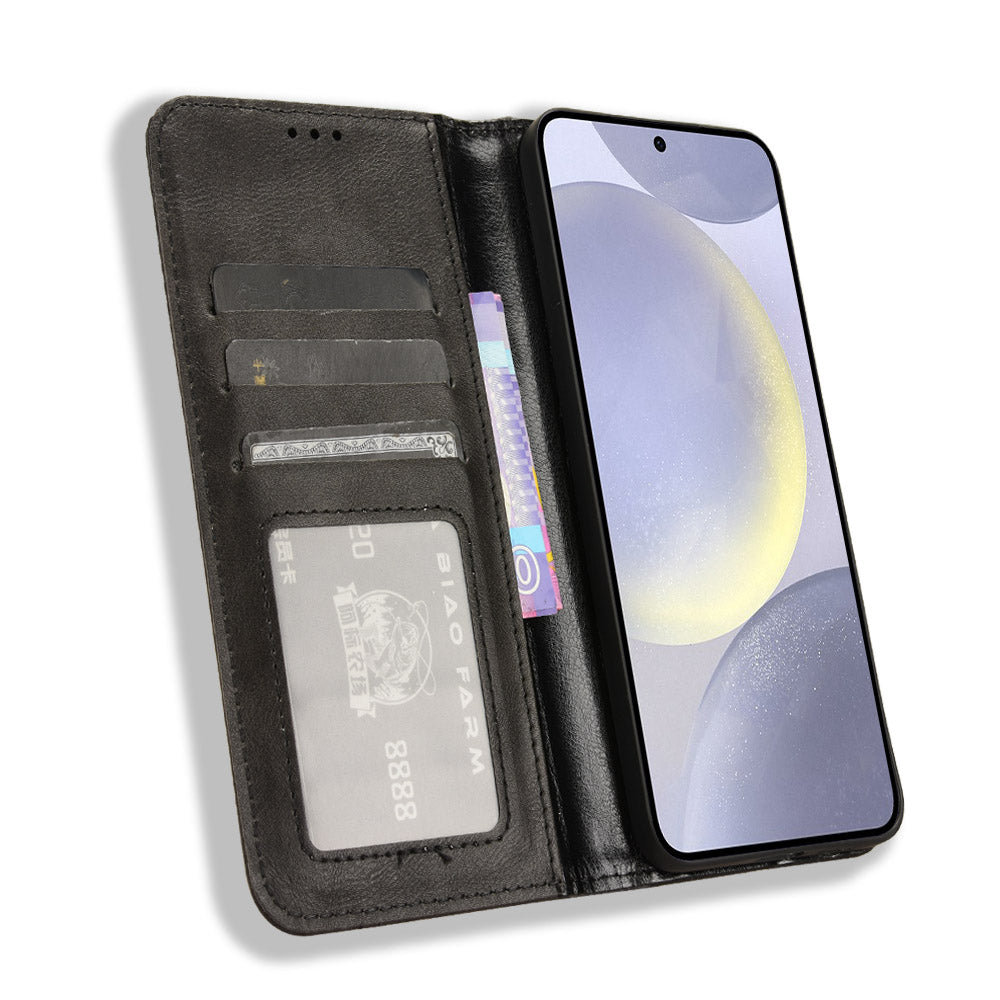 Läderfodral till Samsung Galaxy S26 FE med plånboksfodral och retrotextur.