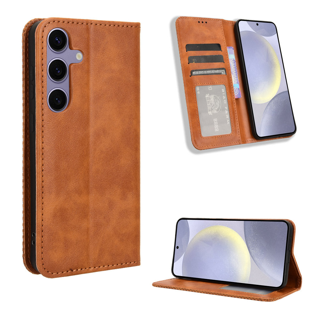 Läderfodral till Samsung Galaxy S26 FE med plånboksfodral och retrotextur.