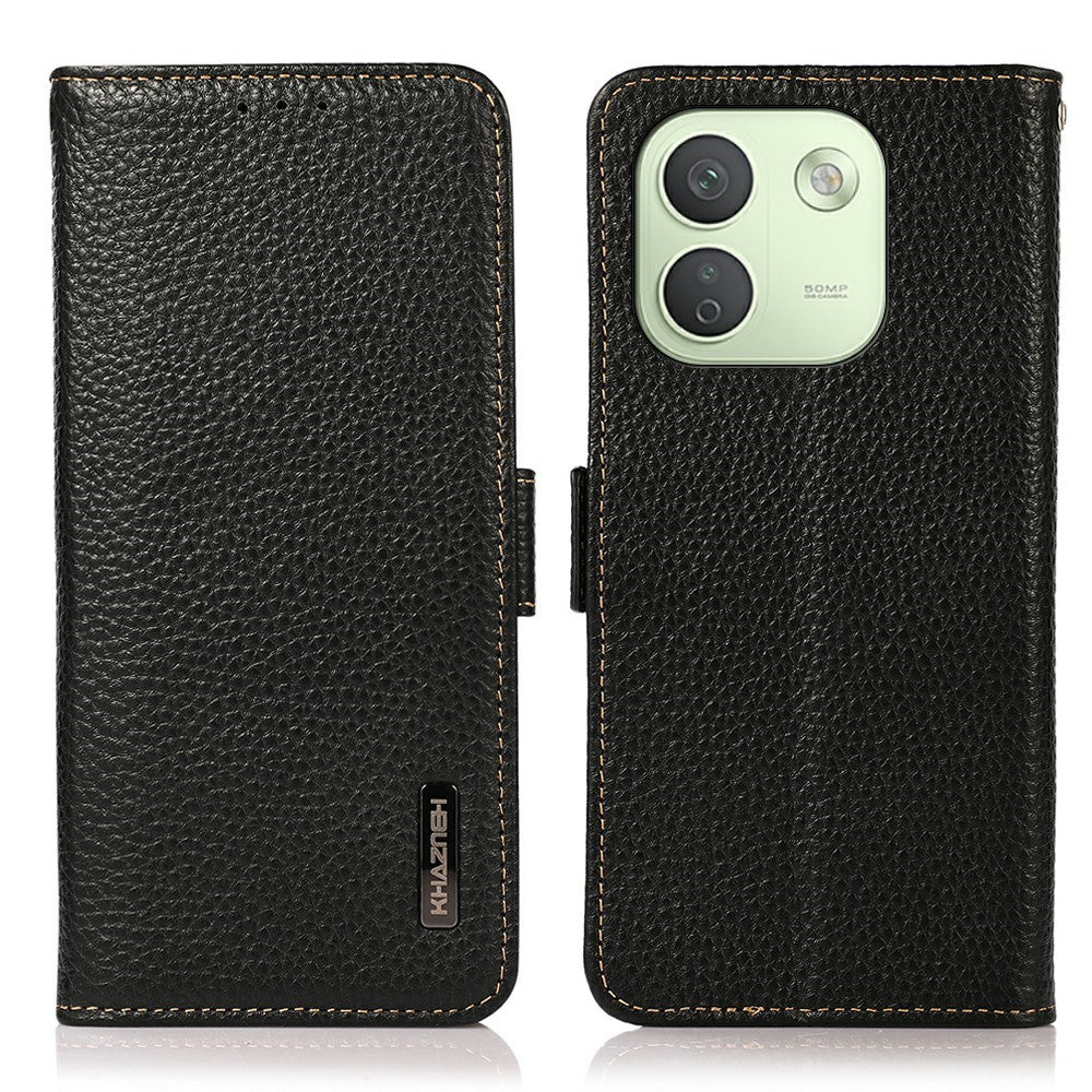 KHAZNEH for Xiaomi Redmi Note 17 Pro Max 5G Phone Case Litchi Texture Genuine Cow Leather Cover RFID Blocking