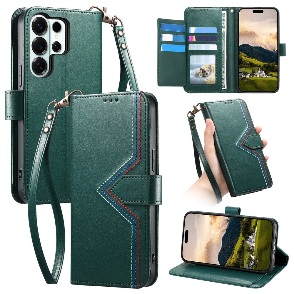 Samsung Galaxy S26 Ultra Plånboksfodral med flerfärgade sömmar i läder och handledsrem