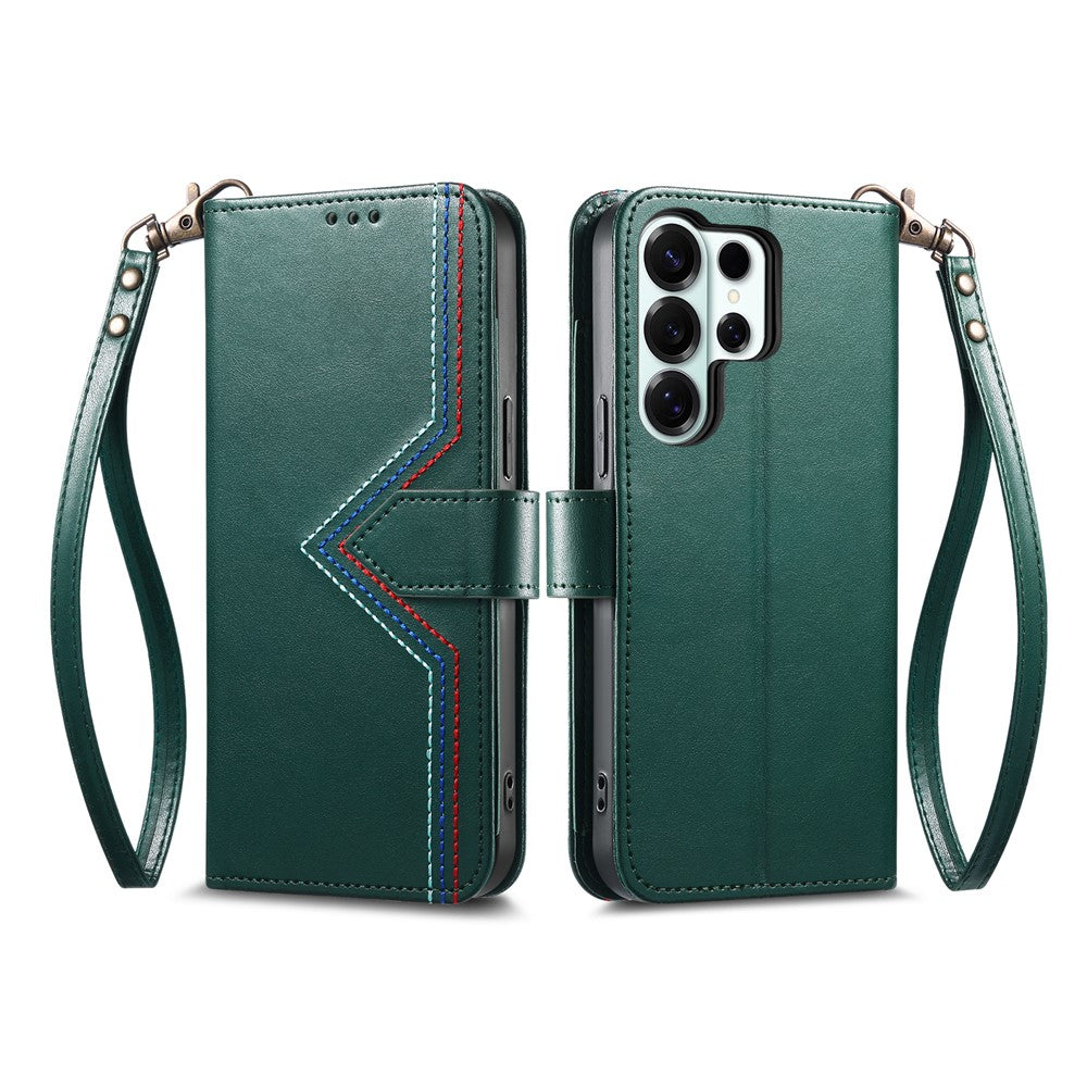 Samsung Galaxy S26 Ultra Plånboksfodral med flerfärgade sömmar i läder och handledsrem