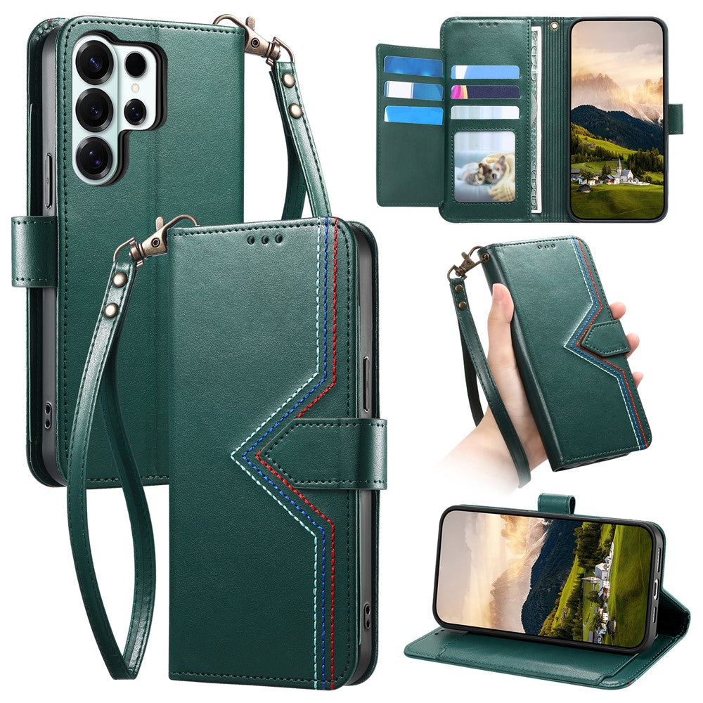 For Samsung Galaxy S25 Ultra Case Wallet Stand Multi-color Stitching Leather Phone Cover with Wrist Strap