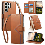 For Samsung Galaxy S25 Ultra Case Wallet Stand Multi-color Stitching Leather Phone Cover with Wrist Strap