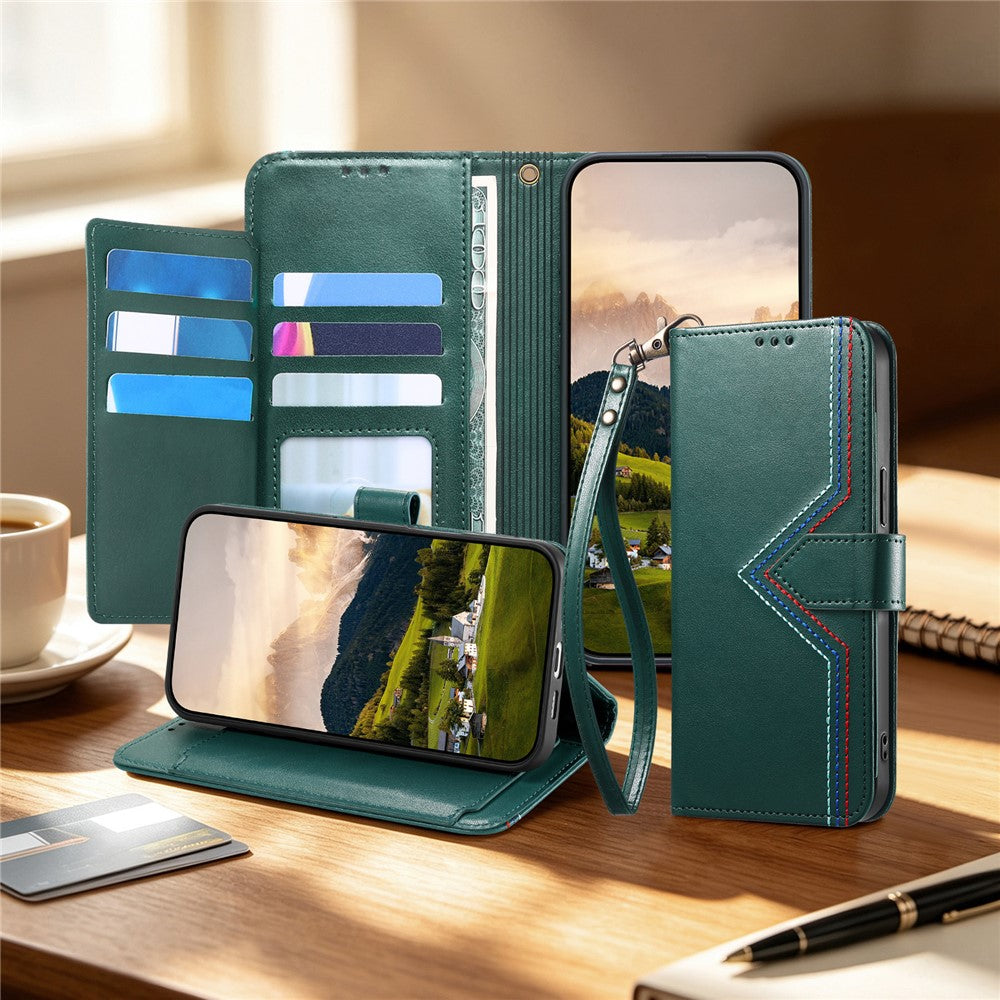For Samsung Galaxy S24 Ultra Case Wallet Stand Multi-color Stitching Leather Phone Cover with Wrist Strap