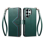 For Samsung Galaxy S24 Ultra Case Wallet Stand Multi-color Stitching Leather Phone Cover with Wrist Strap