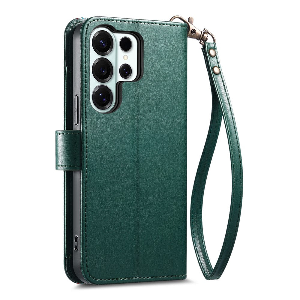 For Samsung Galaxy S24 Ultra Case Wallet Stand Multi-color Stitching Leather Phone Cover with Wrist Strap