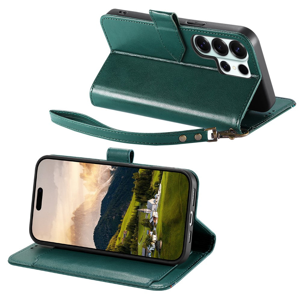 For Samsung Galaxy S24 Ultra Case Wallet Stand Multi-color Stitching Leather Phone Cover with Wrist Strap
