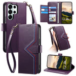 For Samsung Galaxy S24 Ultra Case Wallet Stand Multi-color Stitching Leather Phone Cover with Wrist Strap