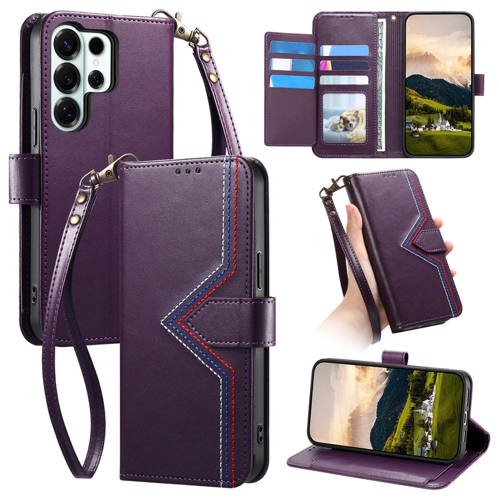 For Samsung Galaxy S24 Ultra Case Wallet Stand Multi-color Stitching Leather Phone Cover with Wrist Strap