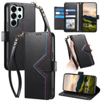 For Samsung Galaxy S24 Ultra Case Wallet Stand Multi-color Stitching Leather Phone Cover with Wrist Strap