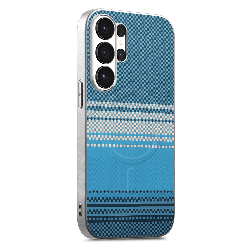 For Samsung Galaxy S24 Ultra Magnetic Case Starry Grey Frame Woven Texture PU Leather TPU PC Shockproof Phone Cover