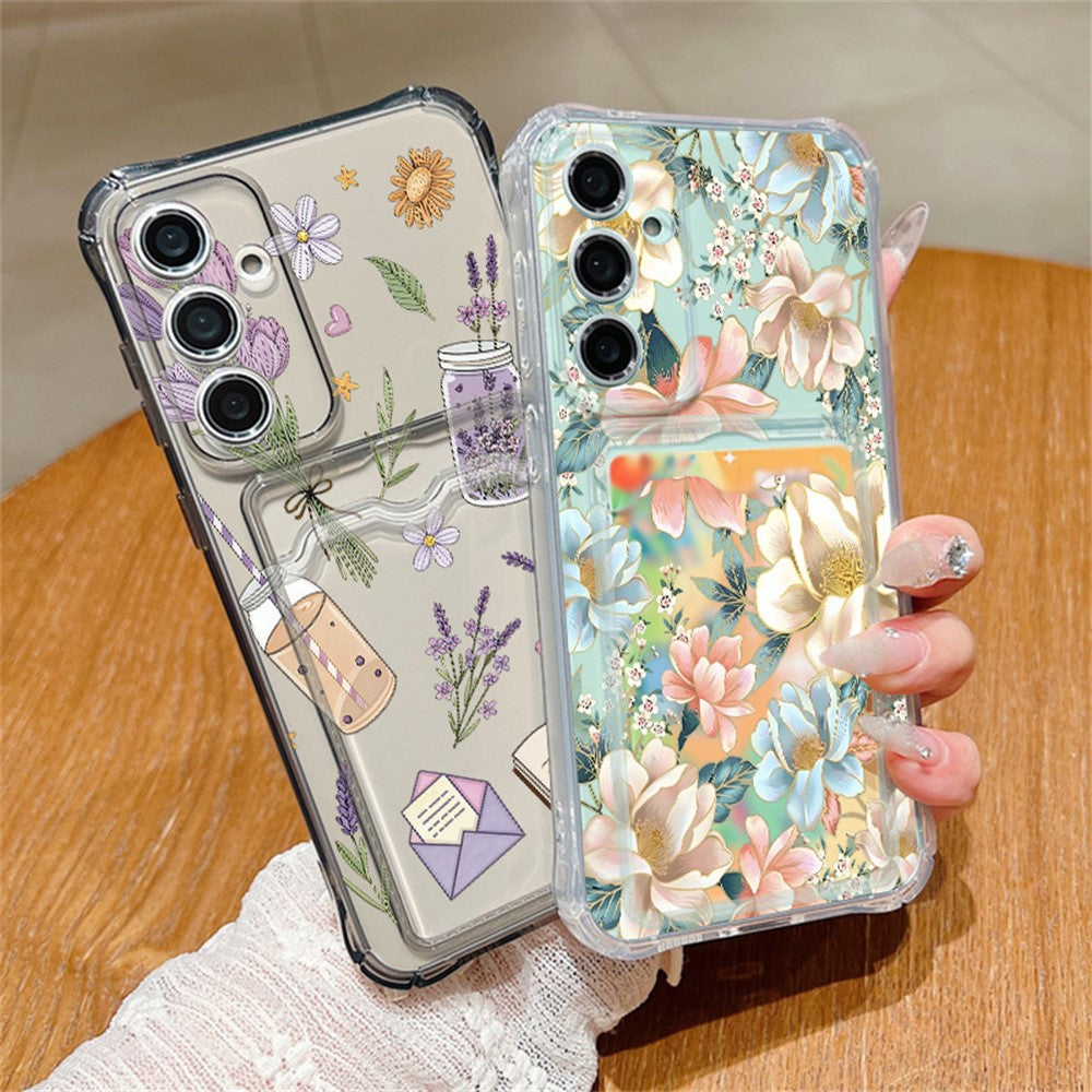 Samsung Galaxy S26-skal med kortplats, blommigt mönster, krockkudde, stötsäkert TPU-skal