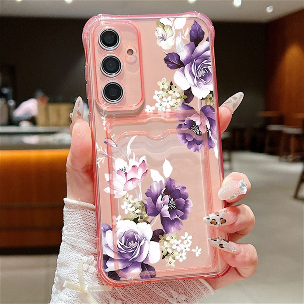 Samsung Galaxy S26-skal med kortplats, blommigt mönster, krockkudde, stötsäkert TPU-skal
