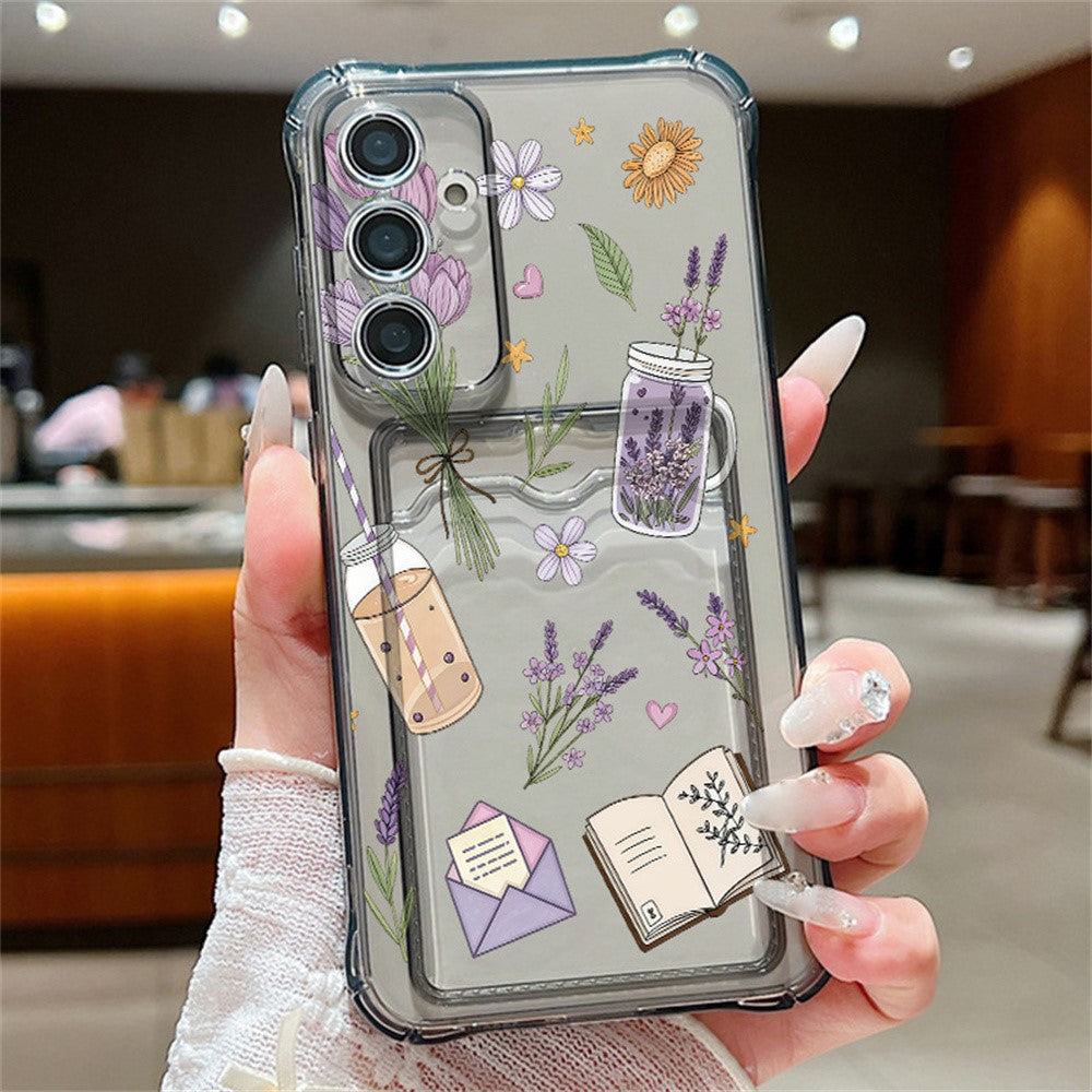 For Samsung Galaxy S25 Case with Card Slot Plant Floral Pattern Airbag Shockproof TPU Phone Cover