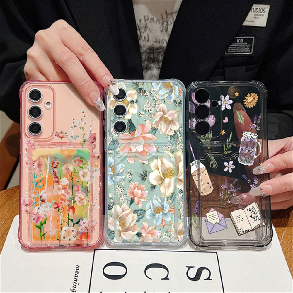 Samsung Galaxy S25-skal med kortplats, blommigt mönster, krockkudde, stötsäkert TPU-skal