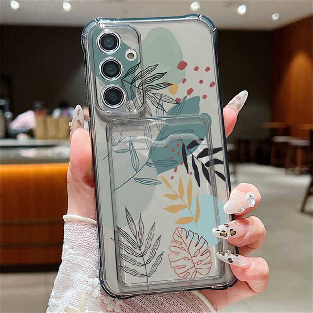 Samsung Galaxy S25-skal med kortplats, blommigt mönster, krockkudde, stötsäkert TPU-skal