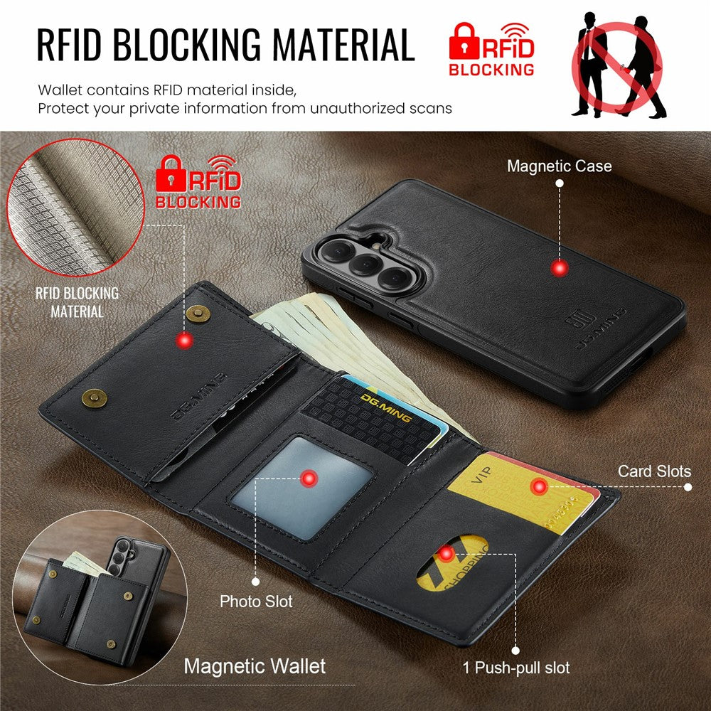 DG.MING M6-serien för Samsung Galaxy S26 FE-skal magnetiskt RFID-blockerande plånbok PU + PC + TPU-mobilskal
