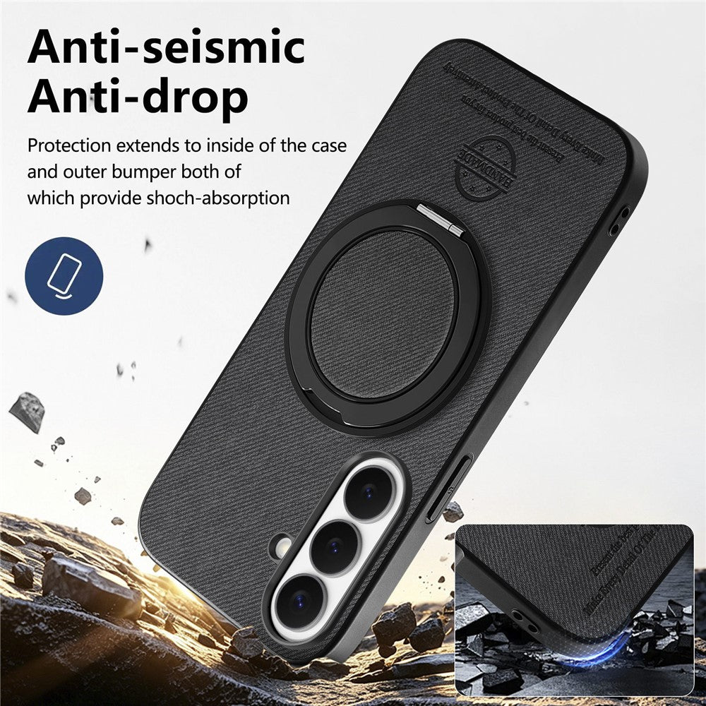 Samsung Galaxy S25 FE-skal, roterbart stativ, jeanstygtextur, läder, fallskyddande baksida