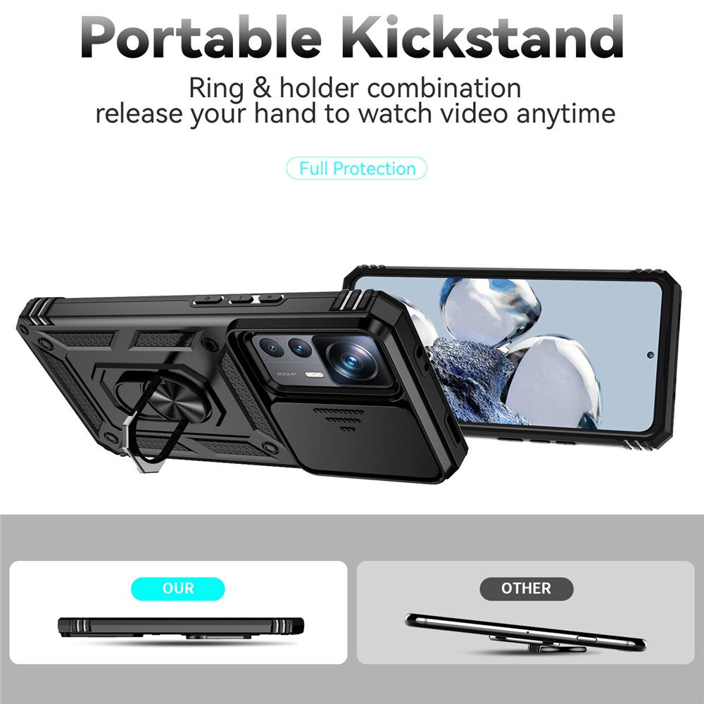 Mobilskal med glidande kameraskydd för Xiaomi 12T 5G / 12T Pro 5G / Redmi K50 Ultra 5G, metallring, stativ, reptåligt PC + TPU-skyddsfodral