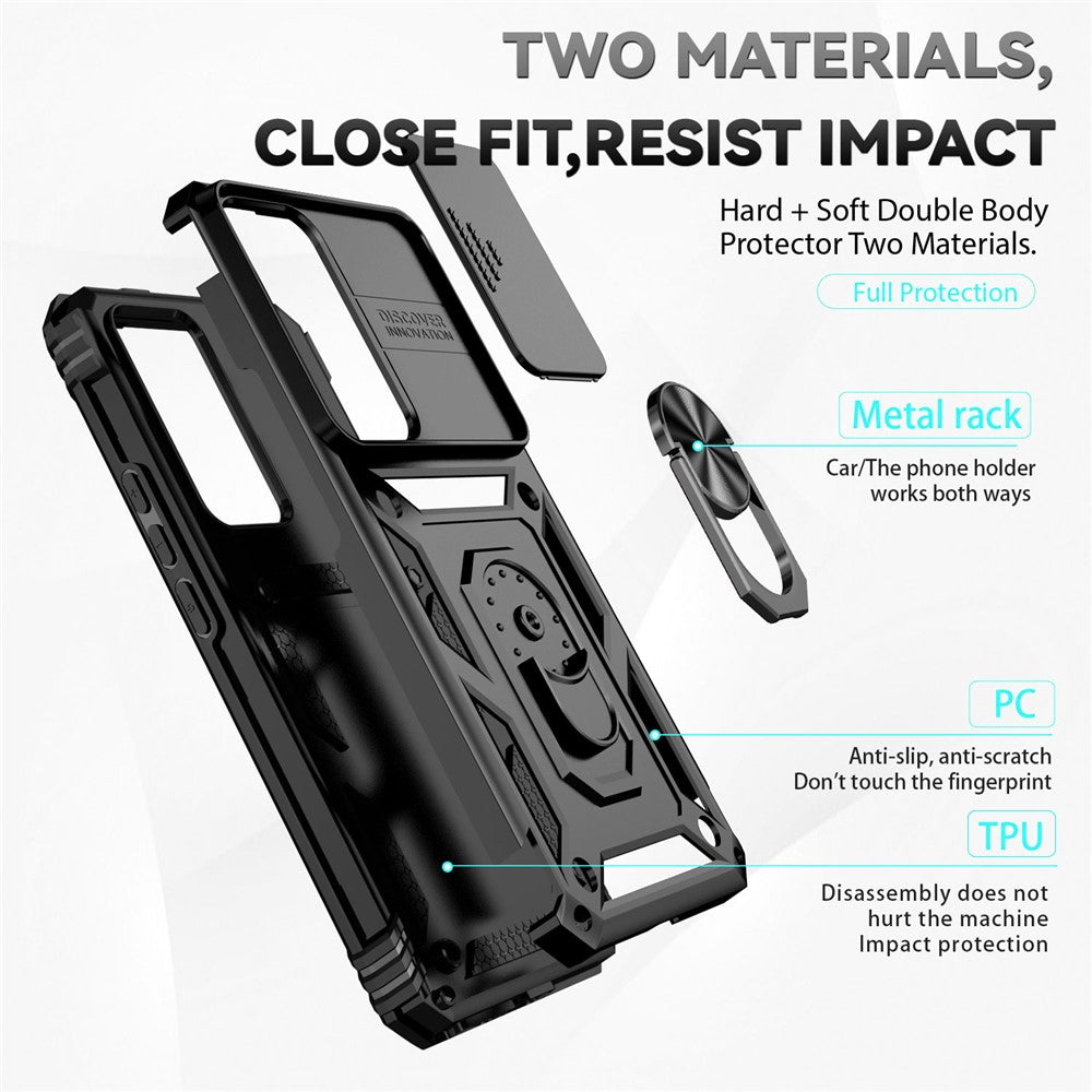 Mobilcover med skydbeskyttelse til kameraet til Xiaomi 12T 5G / 12T Pro 5G / Redmi K50 Ultra 5G, metalring, stander, ridsefast PC + TPU-beskyttelsescover