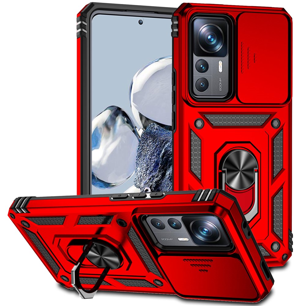 Mobilskal med glidande kameraskydd för Xiaomi 12T 5G / 12T Pro 5G / Redmi K50 Ultra 5G, metallring, stativ, reptåligt PC + TPU-skyddsfodral