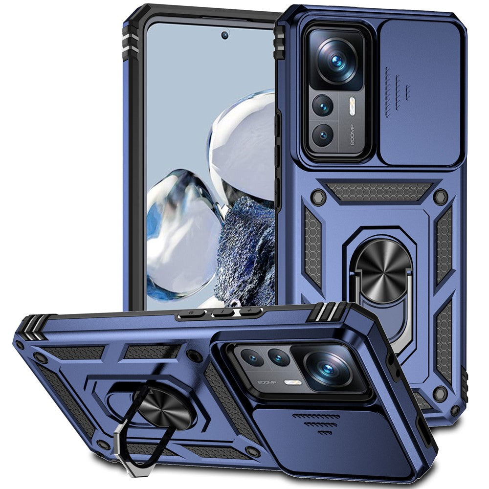 Mobilskal med glidande kameraskydd för Xiaomi 12T 5G / 12T Pro 5G / Redmi K50 Ultra 5G, metallring, stativ, reptåligt PC + TPU-skyddsfodral
