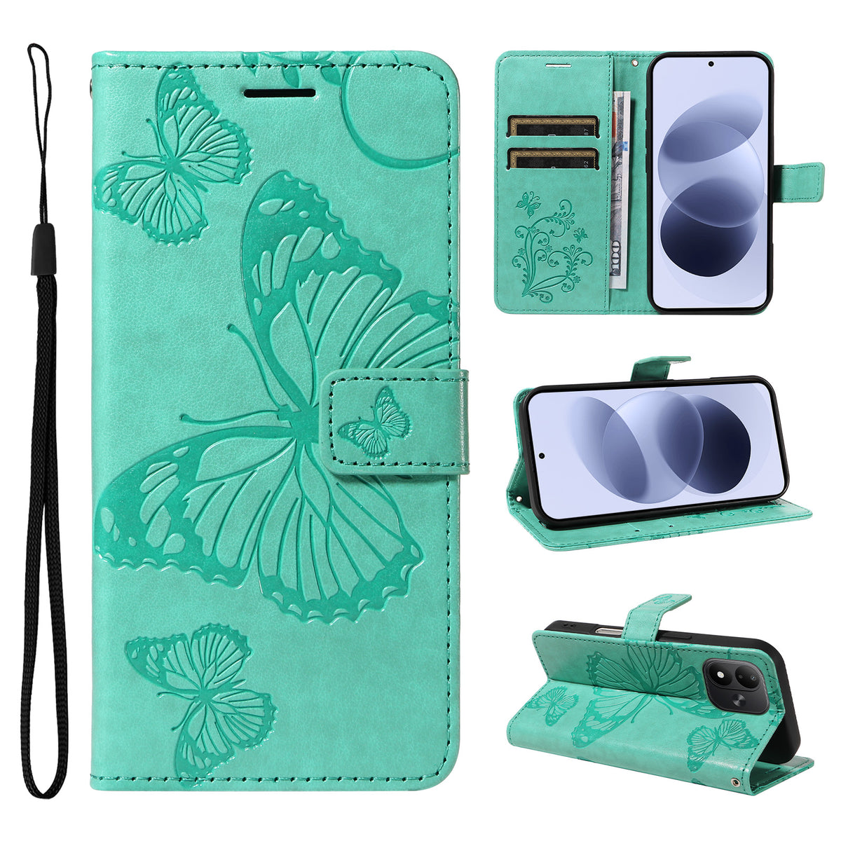 Pungcover i læder til Xiaomi Redmi Note 17 4G (Global) / Xiaomi Redmi Note 17 (Indien/Kina) 5G / Xiaomi Redmi Note 17 5G (Global) med blomster- og sommerfugleprint samt stativ
