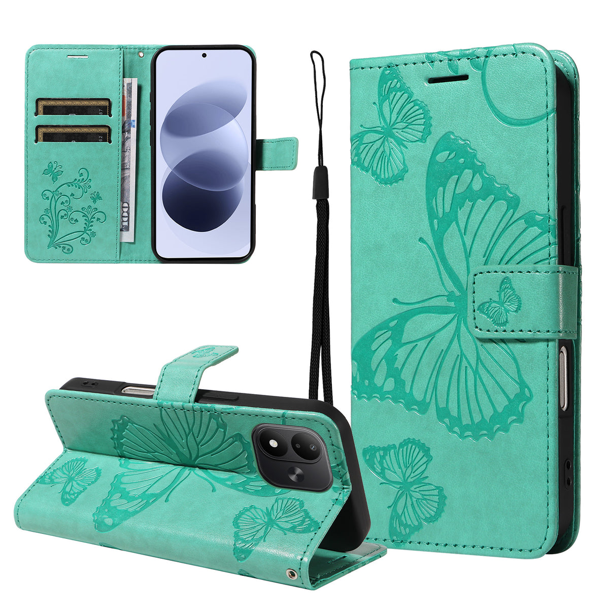 Pungcover i læder til Xiaomi Redmi Note 17 4G (Global) / Xiaomi Redmi Note 17 (Indien/Kina) 5G / Xiaomi Redmi Note 17 5G (Global) med blomster- og sommerfugleprint samt stativ