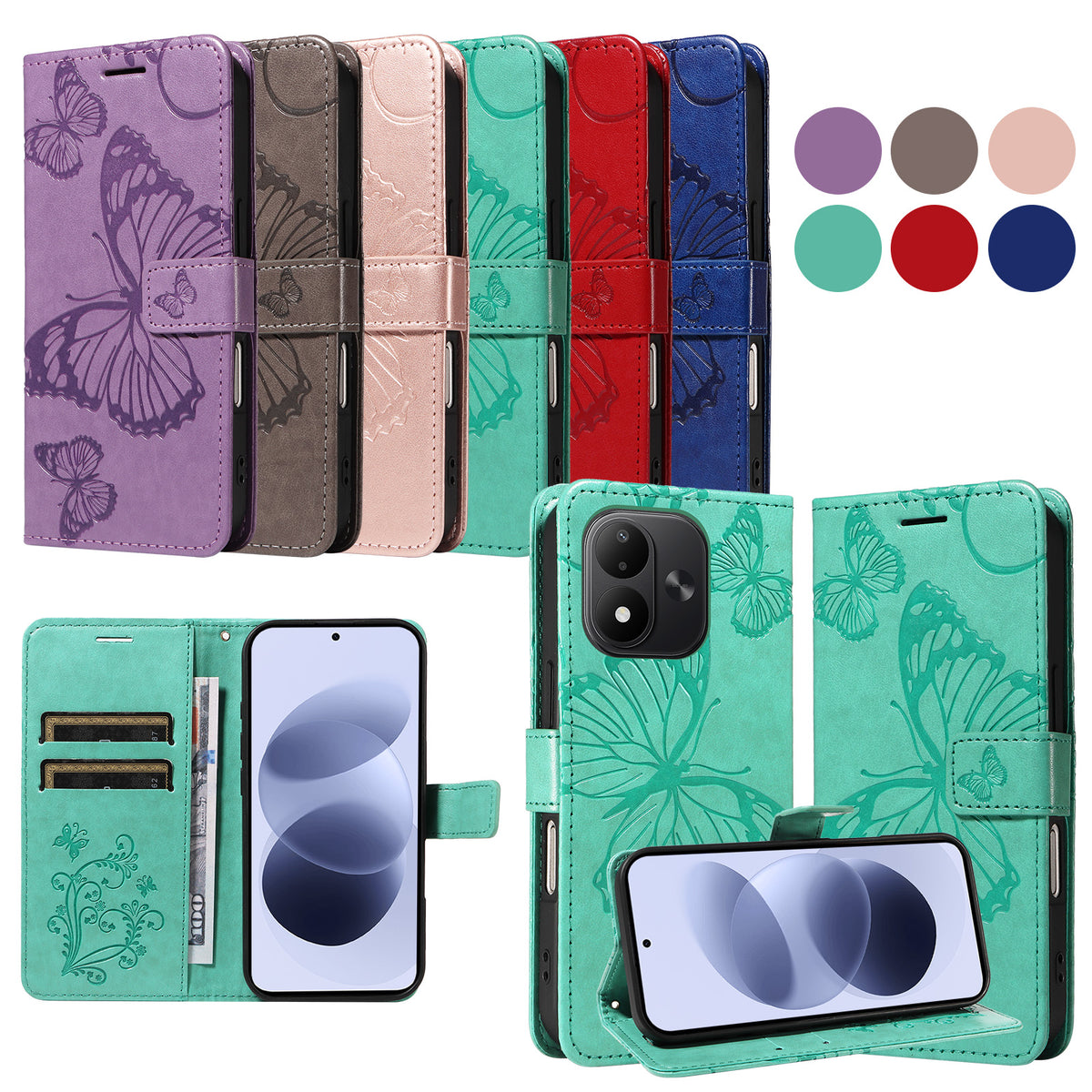Pungcover i læder til Xiaomi Redmi Note 17 4G (Global) / Xiaomi Redmi Note 17 (Indien/Kina) 5G / Xiaomi Redmi Note 17 5G (Global) med blomster- og sommerfugleprint samt stativ