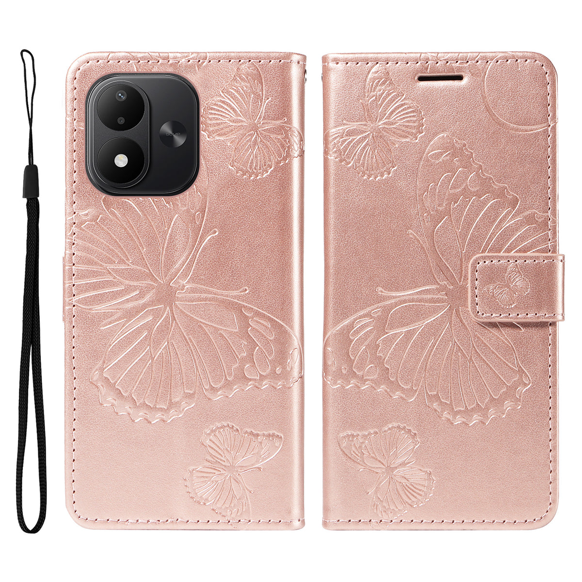 Pungcover i læder til Xiaomi Redmi Note 17 4G (Global) / Xiaomi Redmi Note 17 (Indien/Kina) 5G / Xiaomi Redmi Note 17 5G (Global) med blomster- og sommerfugleprint samt stativ
