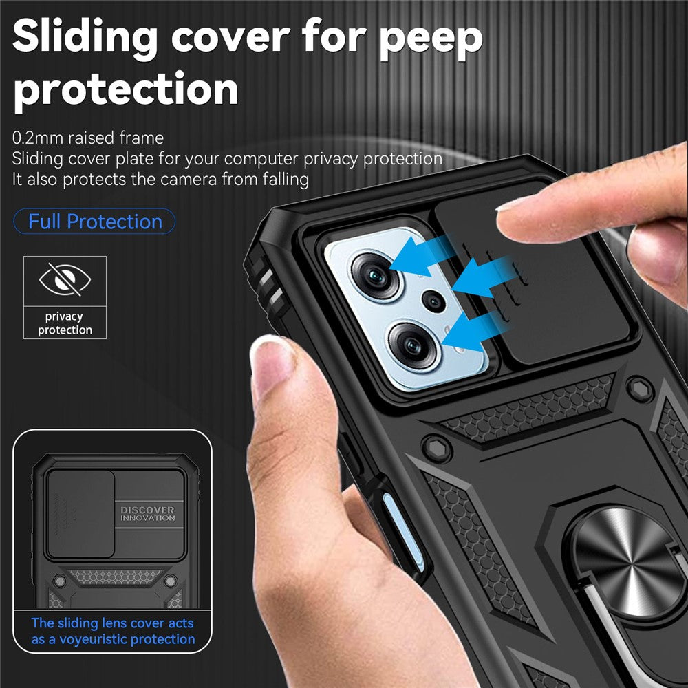 Xiaomi Redmi Note 11T Pro 5G / Note 11T Pro+ 5G / Note 12T Pro 5G / Poco X4 GT 5G / Redmi K50i 5G mobilcover med glidende kamerabeskyttelse, PC + TPU-cover med metalring og støtte