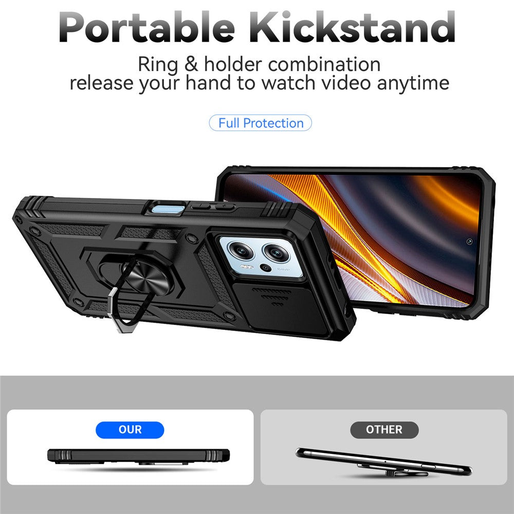 Xiaomi Redmi Note 11T Pro 5G / Note 11T Pro+ 5G / Note 12T Pro 5G / Poco X4 GT 5G / Redmi K50i 5G mobilcover med glidende kamerabeskyttelse, PC + TPU-cover med metalring og støtte