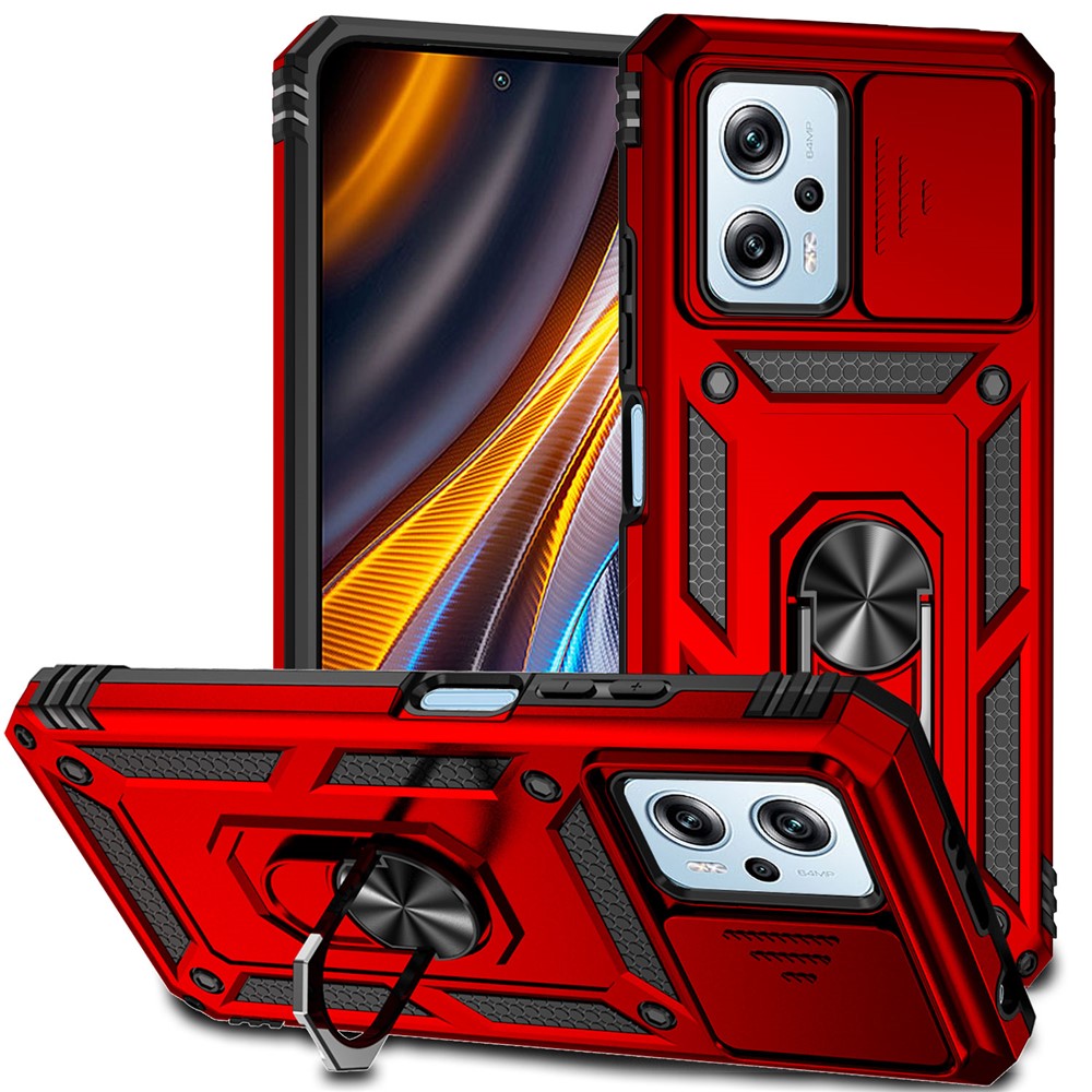 Xiaomi Redmi Note 11T Pro 5G / Note 11T Pro+ 5G / Note 12T Pro 5G / Poco X4 GT 5G / Redmi K50i 5G mobilcover med glidende kamerabeskyttelse, PC + TPU-cover med metalring og støtte