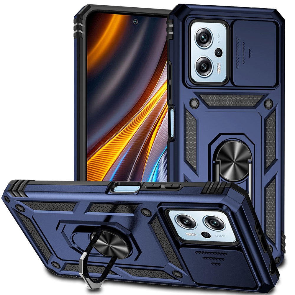 Xiaomi Redmi Note 11T Pro 5G / Note 11T Pro+ 5G / Note 12T Pro 5G / Poco X4 GT 5G / Redmi K50i 5G mobilcover med glidende kamerabeskyttelse, PC + TPU-cover med metalring og støtte