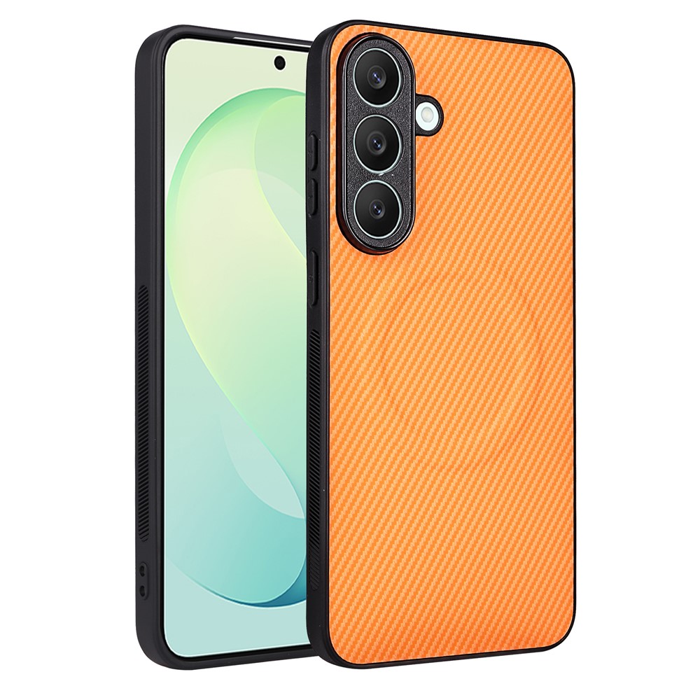 Etui til Samsung Galaxy S26 FE med kulfiberstruktur, læderbeklædt TPU-PC-mobilcover med metalring til magnetisk bilholder