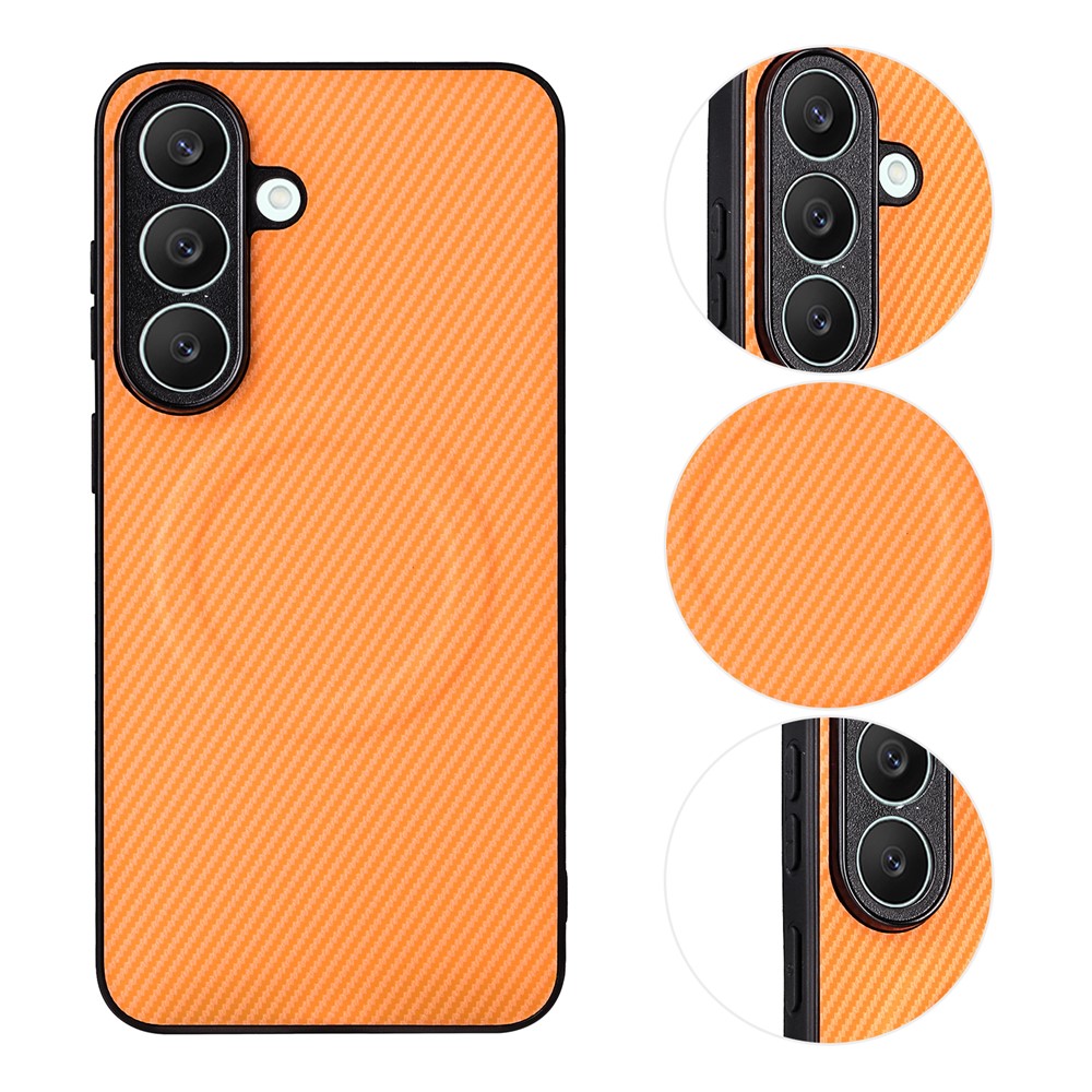 Etui til Samsung Galaxy S26 FE med kulfiberstruktur, læderbeklædt TPU-PC-mobilcover med metalring til magnetisk bilholder