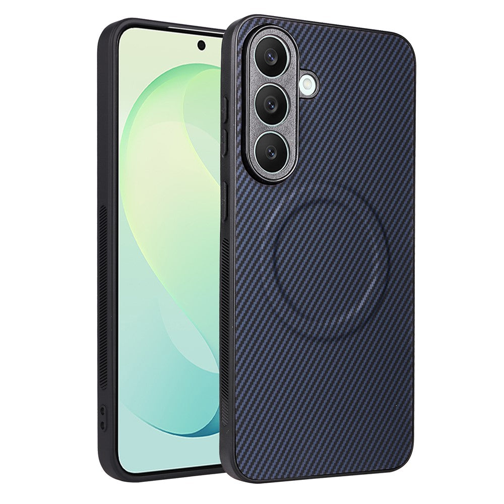 For Samsung Galaxy S26 FE Case Carbon Fiber Texture Leather Coated TPU PC Phone Cover with Metal Ring for Magnetic Car Mount