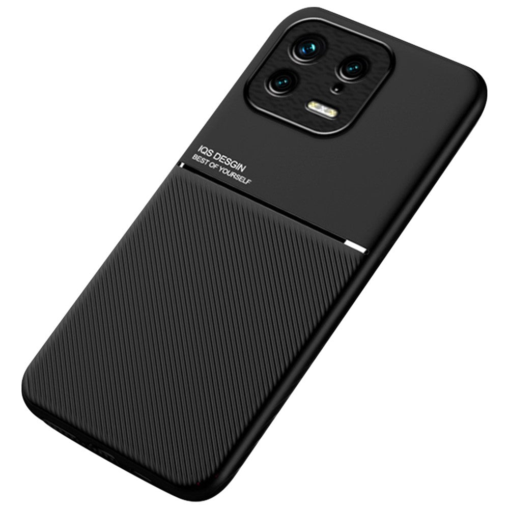 Back Shell for Xiaomi 13 5G, Drop Proof Lines Imprinted PU Leather+TPU Phone Case Car Mount Metal Sheet Smartphone Cover