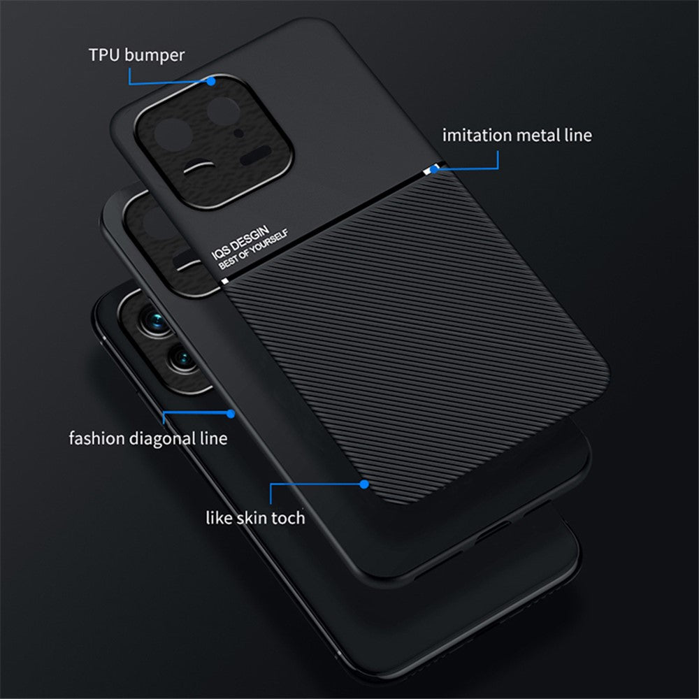 Back Shell for Xiaomi 13 5G, Drop Proof Lines Imprinted PU Leather+TPU Phone Case Car Mount Metal Sheet Smartphone Cover