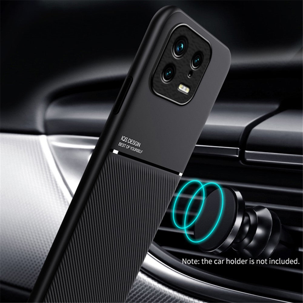 Back Shell for Xiaomi 13 5G, Drop Proof Lines Imprinted PU Leather+TPU Phone Case Car Mount Metal Sheet Smartphone Cover