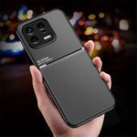 Back Shell for Xiaomi 13 5G, Drop Proof Lines Imprinted PU Leather+TPU Phone Case Car Mount Metal Sheet Smartphone Cover