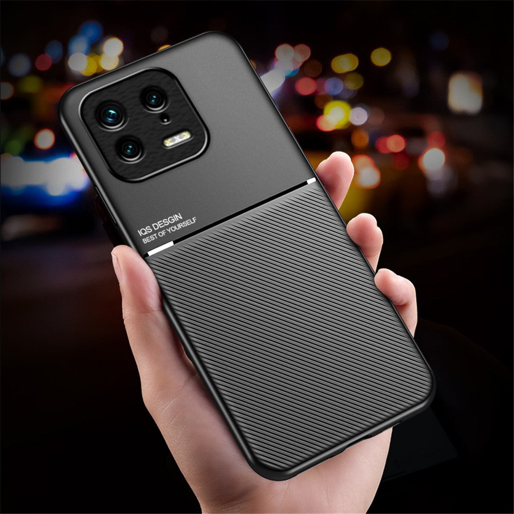 Back Shell for Xiaomi 13 5G, Drop Proof Lines Imprinted PU Leather+TPU Phone Case Car Mount Metal Sheet Smartphone Cover