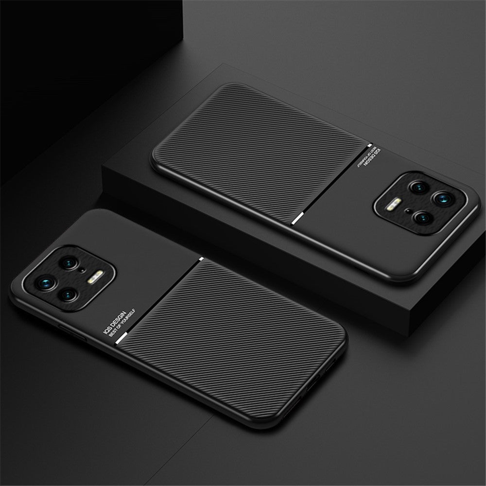 Back Shell for Xiaomi 13 5G, Drop Proof Lines Imprinted PU Leather+TPU Phone Case Car Mount Metal Sheet Smartphone Cover